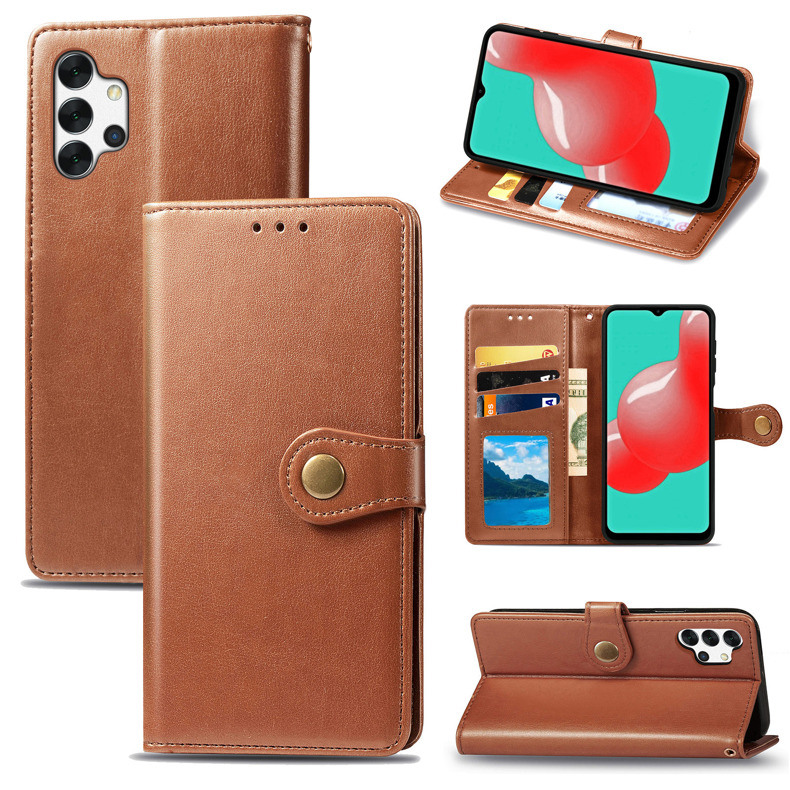 

Solid Color Leather Phone Case for Samsung Galaxy A32 5G/M32 5G Wallet Stand Shell - Light Brown, Galaxy A32 5G