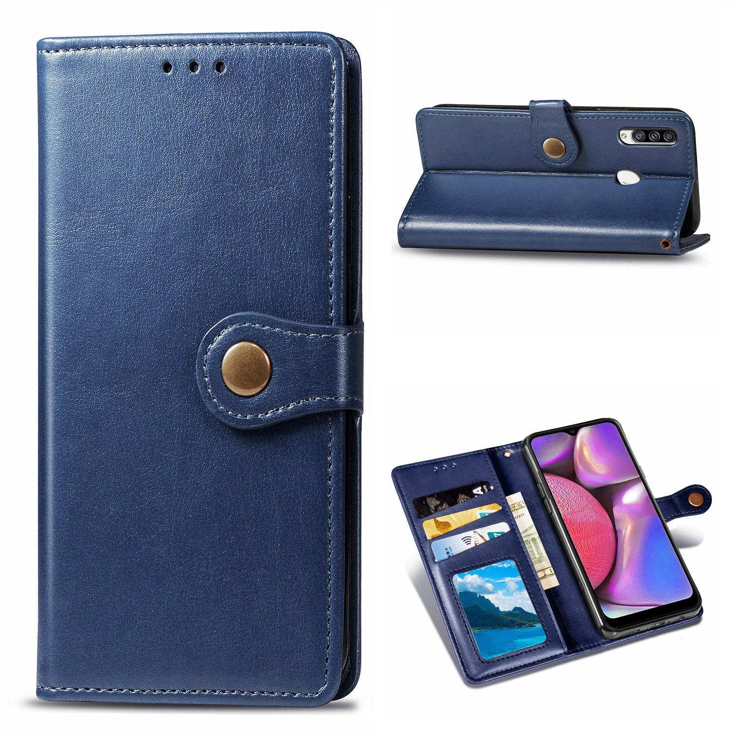 

Wallet Design Solid Color Leather Phone Stand Case Shell for Samsung Galaxy A20s - Dark Blue, Galaxy A20s