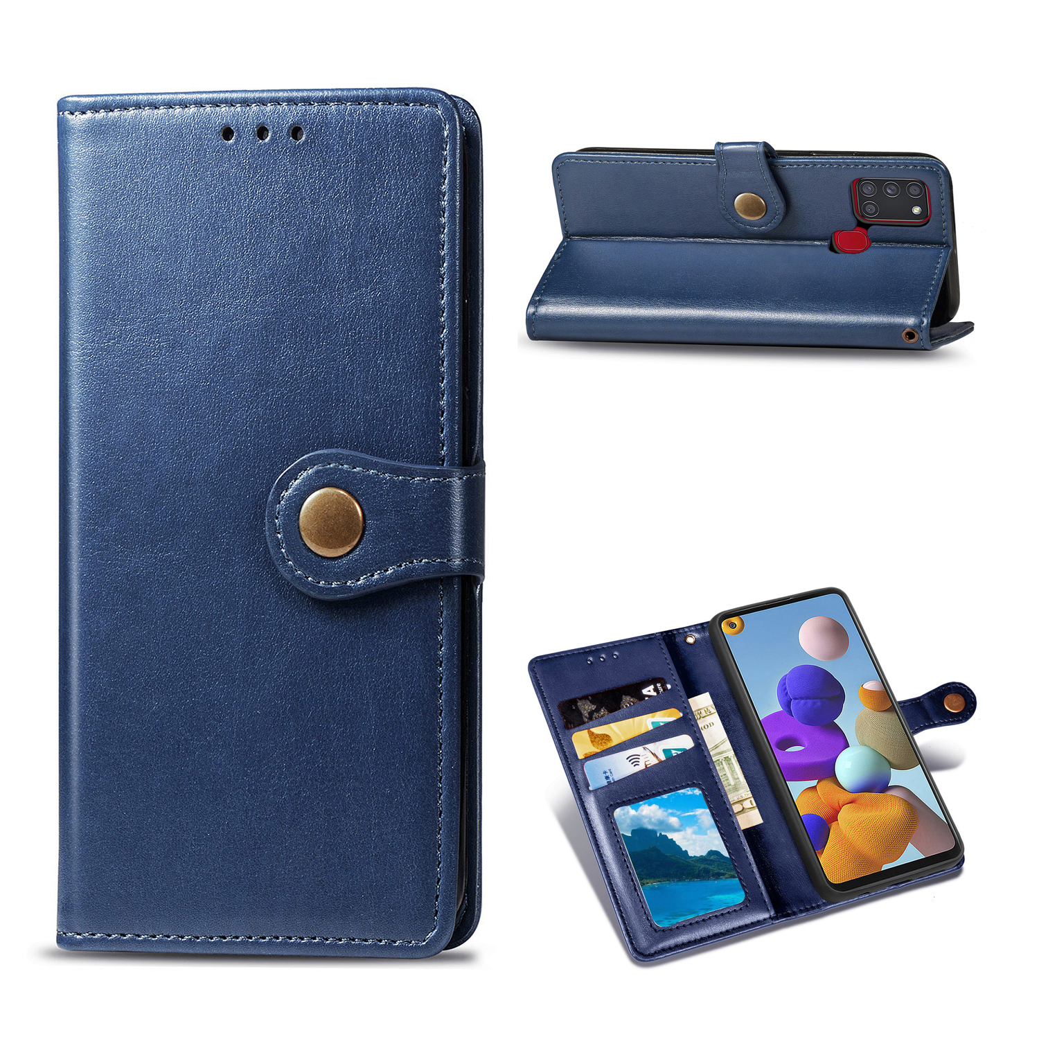 

Plain Round Buckle Wallet Leather Phone Stand Case Shell for Samsung Galaxy A21s - Dark Blue, Galaxy A21s