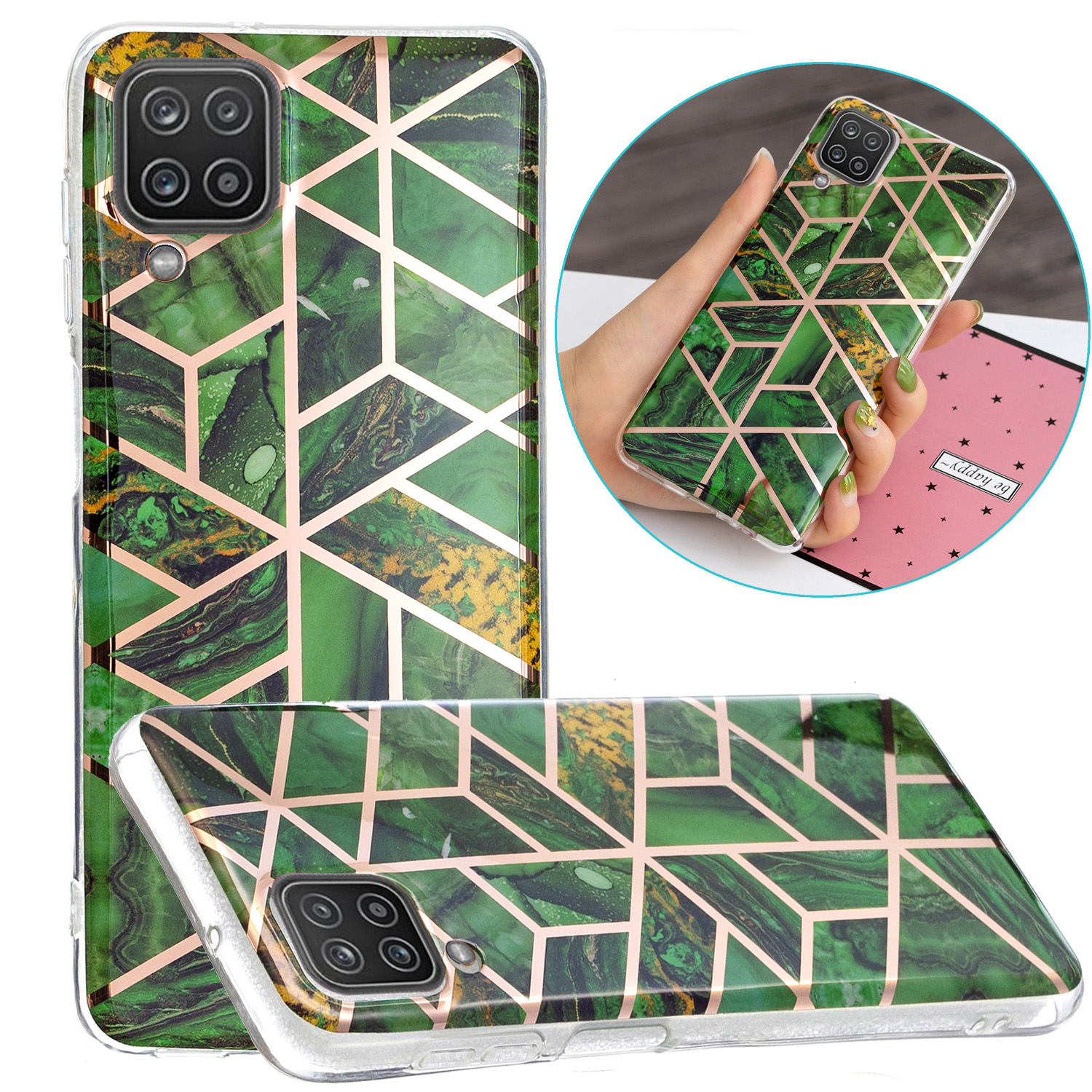 

IMD Electroplating Marble Pattern Flexible TPU Cover Case for Samsung Galaxy A12 - Green Rhombus, Galaxy A12