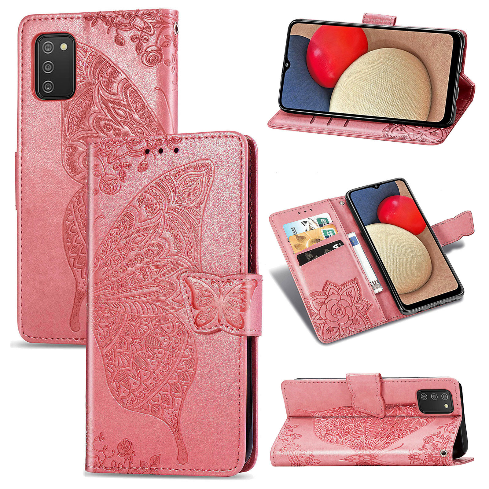 

Wallet Design Imprint Big Butterfly Leather Stand Phone Shell for Samsung Galaxy A02s (164.2x75.9x9.1mm) - Pink, Galaxy A02s (164.2x75.9x9.1mm)