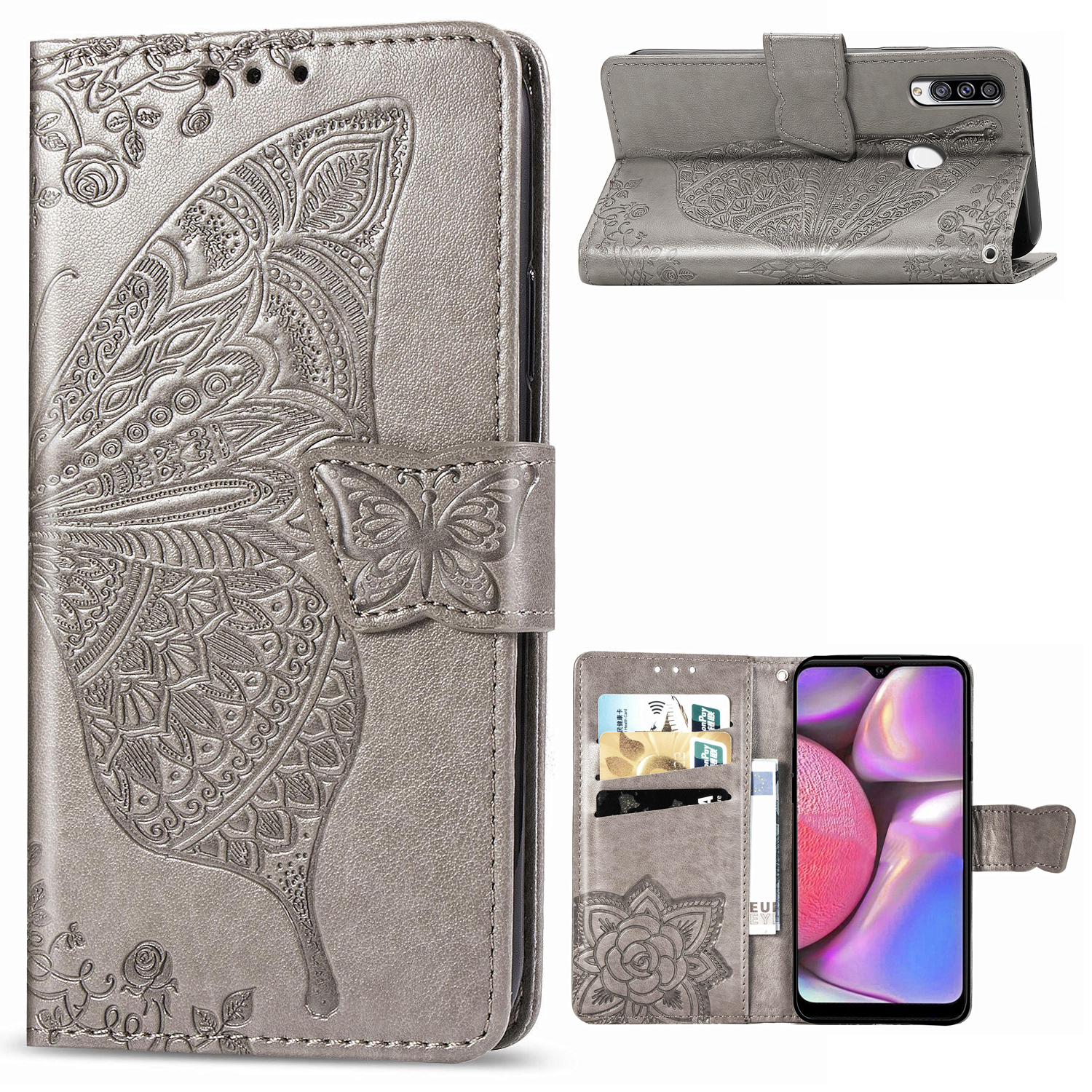 

Imprint Big Butterfly Leather Wallet Phone Shell for Samsung Galaxy A20s - Grey, Galaxy A20s