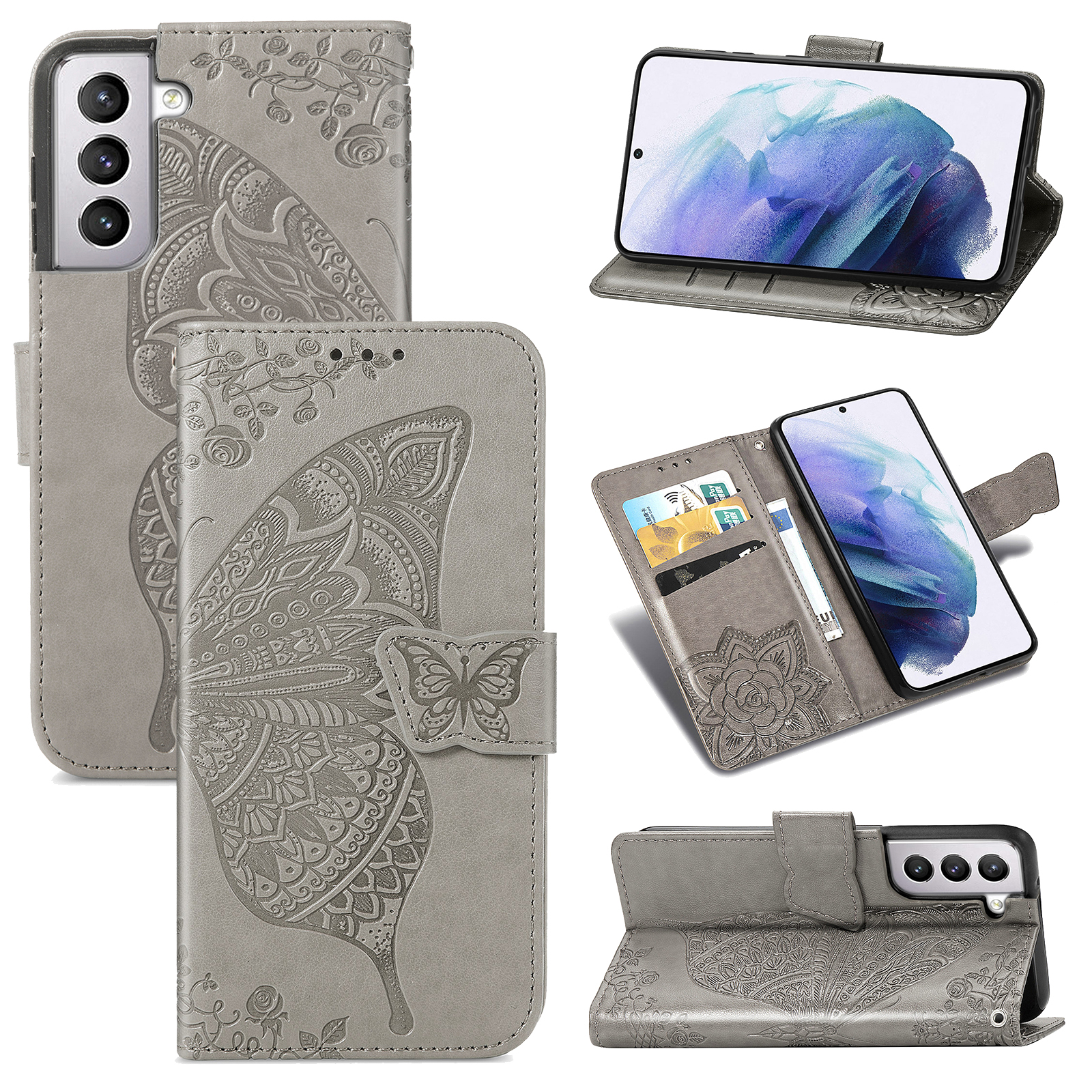 

Отпечаток Большая Бабочка Кожаный Кошелек Телефон Оболочка Для Samsung Galaxy S21 + 5G - Серый, Samsung Galaxy S21+