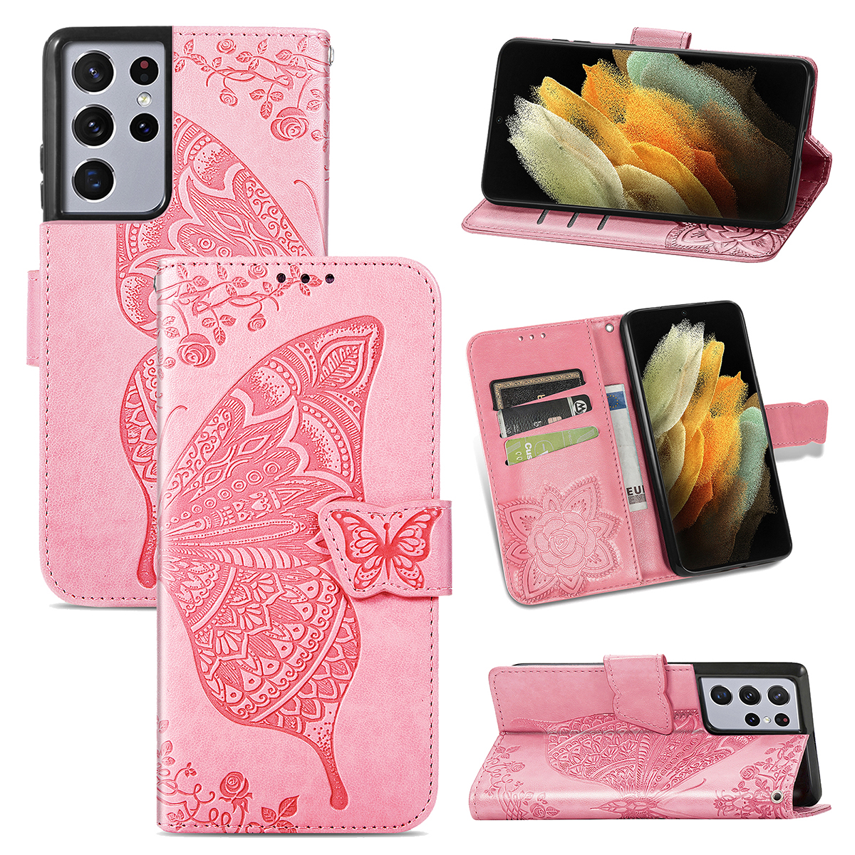 

Imprint Big Butterfly Leather Wallet Phone Shell for Samsung Galaxy S21 Ultra 5G - Pink, Galaxy S21 Ultra 5G