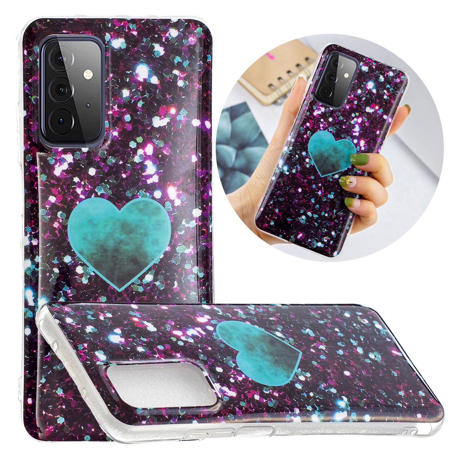 

Anti-Drop Flexible TPU Soft Back Cover with IMD Marble Pattern Printing for Samsung Galaxy A72 4G/5G - Green Heart, Galaxy A72 5G