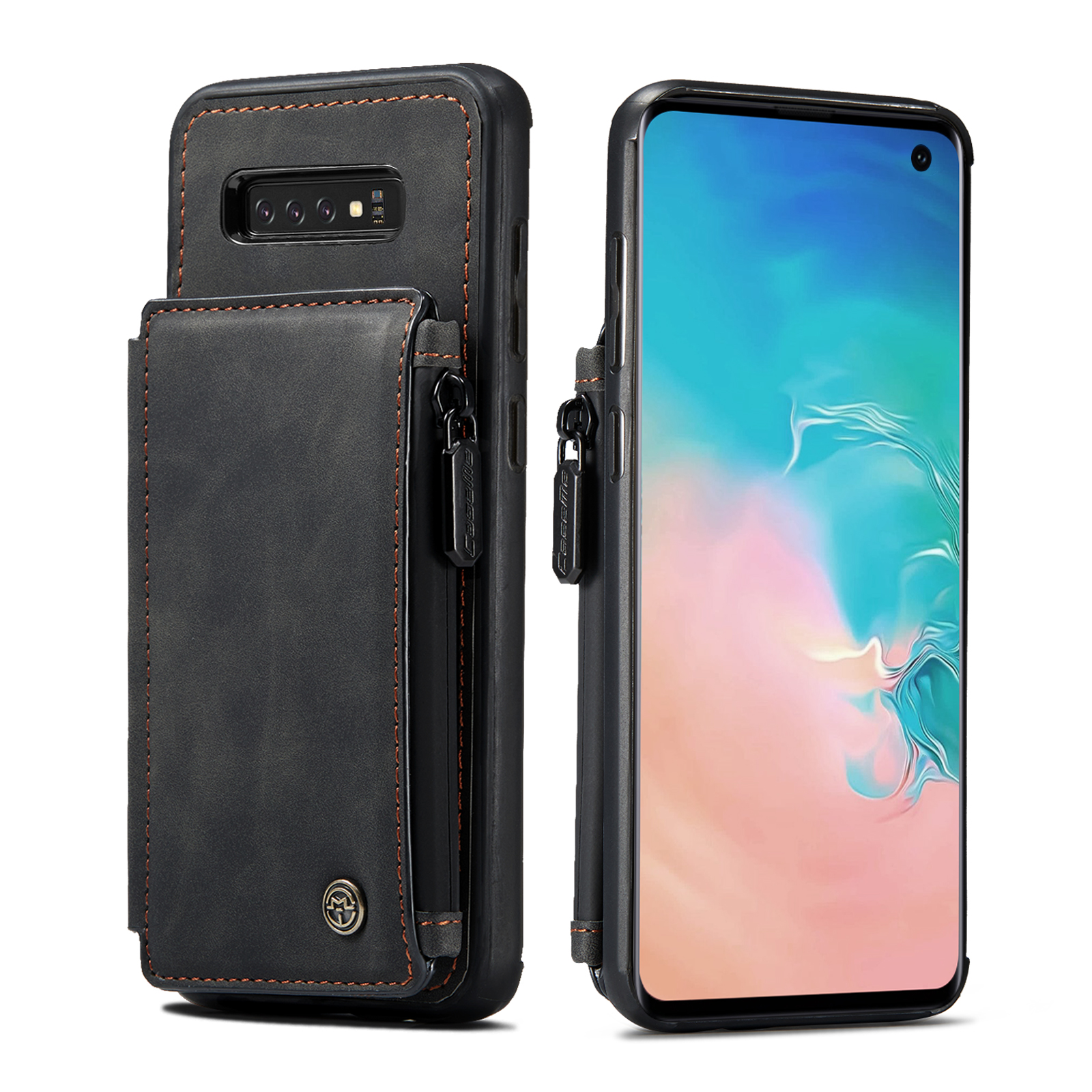 

CASEME C20 Zipper Pocket Wallet Design PU Leather Coated TPU Phone Stand Case for Samsung Galaxy S10 - Black, Galaxy S10