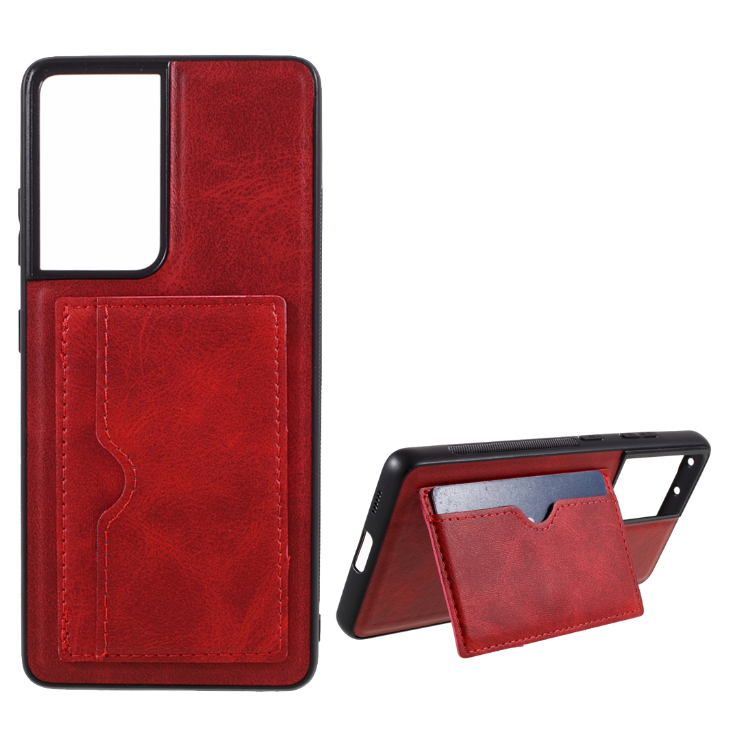

Card Holder PU Leather Coated TPU Phone Kickstand Shell Case for Samsung Galaxy S21 Ultra 5G - Red, Galaxy S21 Ultra 5G