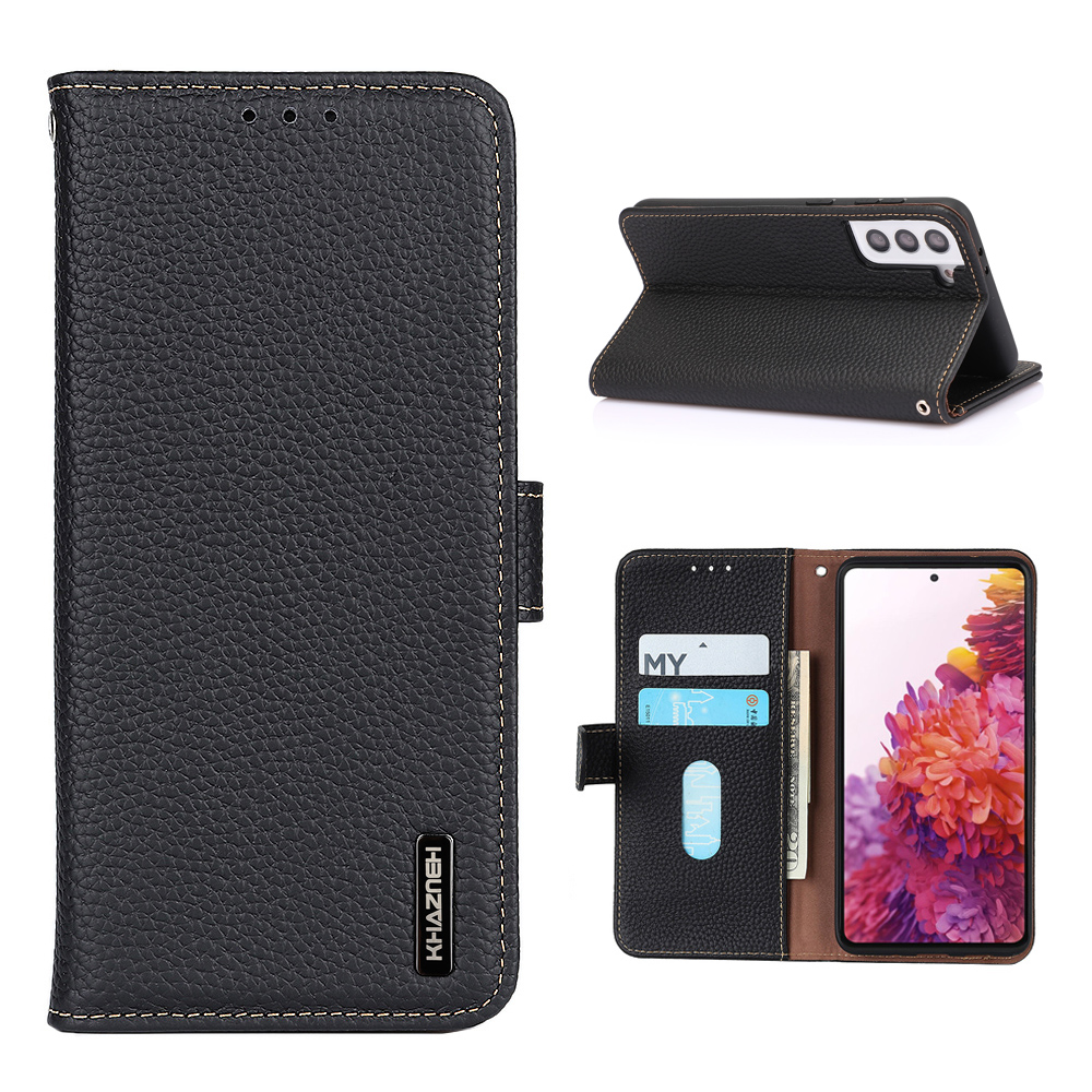 

KHAZNEH for Samsung Galaxy S21 5G Wallet Stand Design Litchi Texture Top Layer Genuine Leather Shell Case - Black, Galaxy S21 5G