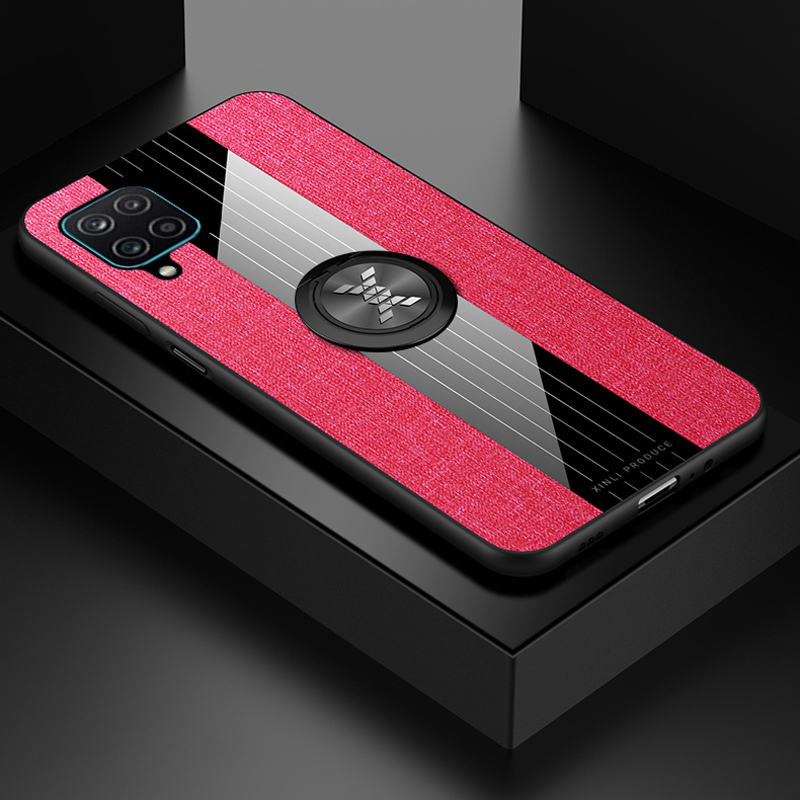 

Cloth + Acrylic Splicing Phone Cover Shell with Kickstand for Samsung Galaxy A12 - Red, Galaxy A12