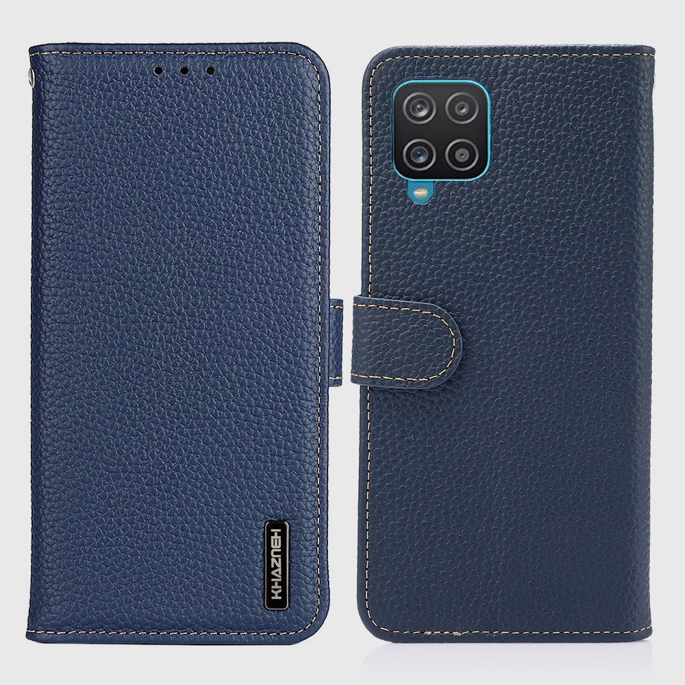 

KHAZNEH for Samsung Galaxy A12 Litchi Texture Top Layer Genuine Leather Shell Cell Phone Stand Case - Blue, Galaxy A12