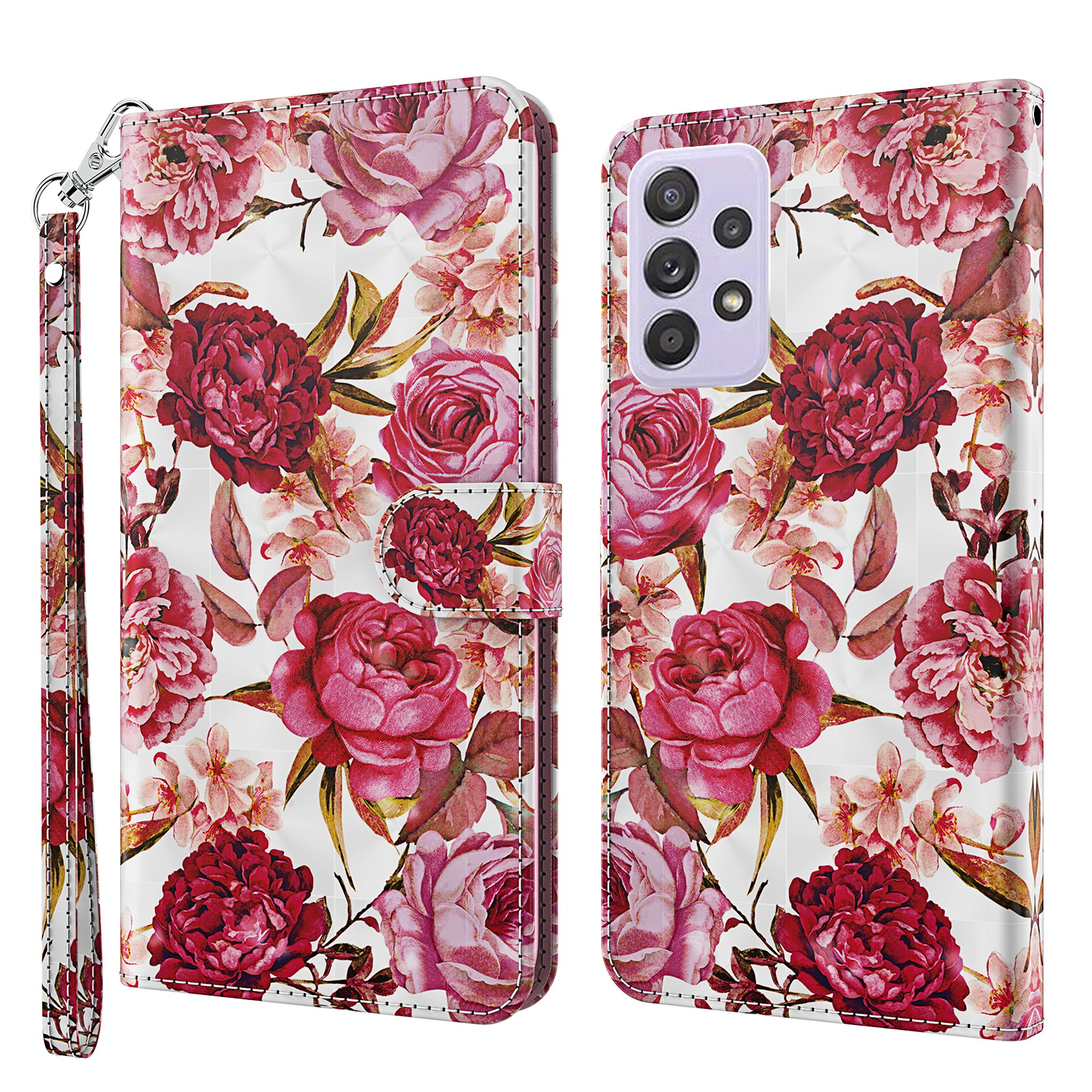 

Узор Photion Wallet Stand PU Кожаный Чехол Для Телефона Для Samsung Galaxy A52 5G / 4G - Красный Цветок, Galaxy A52 5G