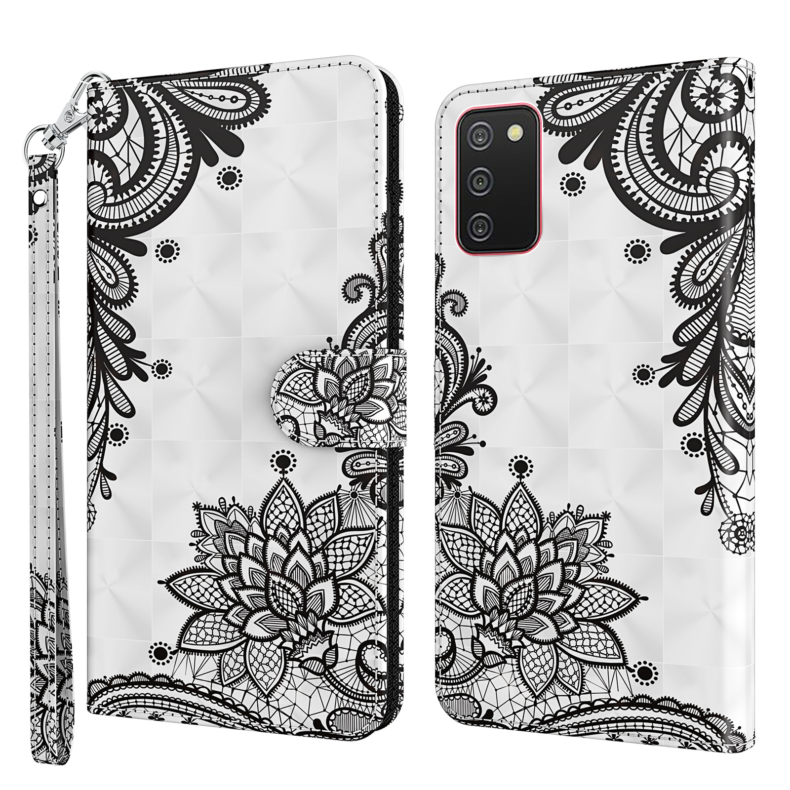 

Pattern Printing Wallet Stand PU Leather Phone Cover Shell for Samsung Galaxy A02s (164.2x75.9x9.1mm) - Black Flower, Galaxy A02s (164.2x75.9x9.1mm)