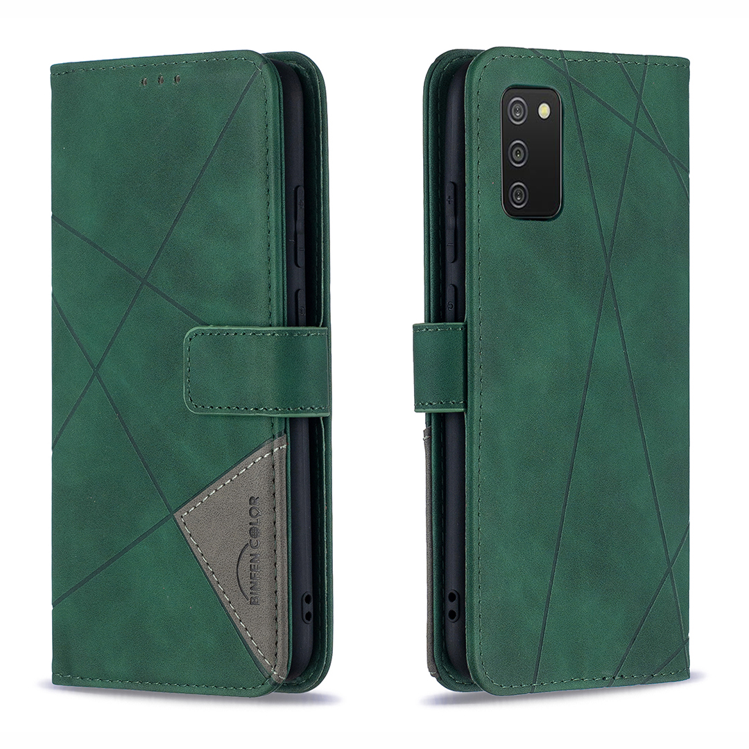 

BF05 Wallet Design Geometric Splicing Leather Stand Case Cover for Samsung Galaxy A02s (164.2x75.9x9.1mm) - Green, Galaxy A02s (164.2x75.9x9.1mm)