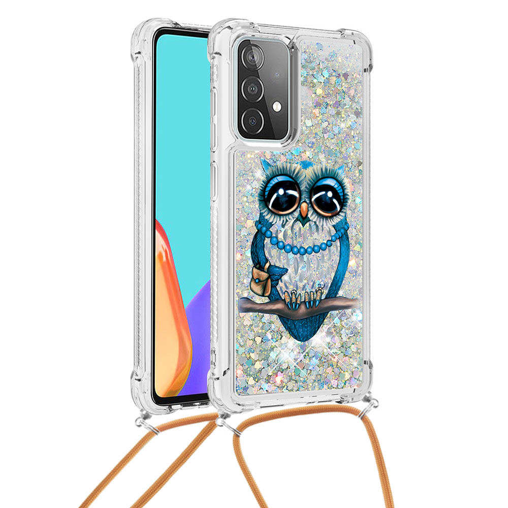 

Pattern Printed Quicksand Glitter Sequins TPU Phone Case Cover with Strap for Samsung Galaxy A52 5G/4G - Owl, Galaxy A52 4G