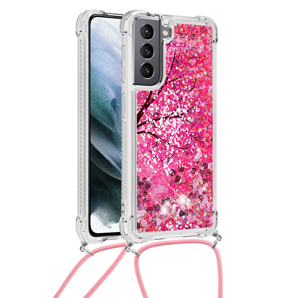 

Узор Напечатанный Quicksand Glitter Sequins TPU Телефон Чехол С Ремешком Для Samsung Galaxy S21 5G - Цветок, Galaxy S21 5G