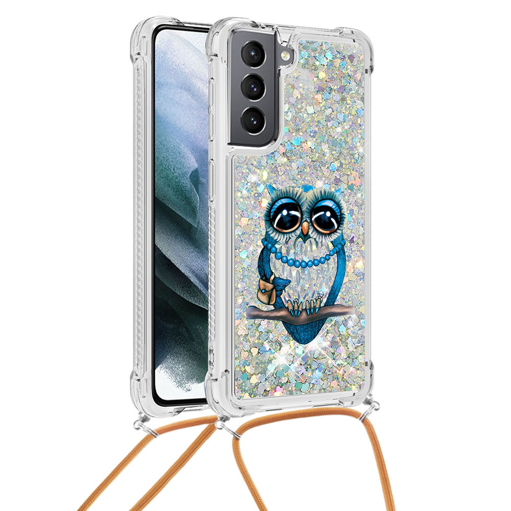 

Узор Напечатанный Quicksand Glitter Sequins TPU Телефон Чехол С Ремешком Для Samsung Galaxy S21 5G - Сова, Galaxy S21 5G