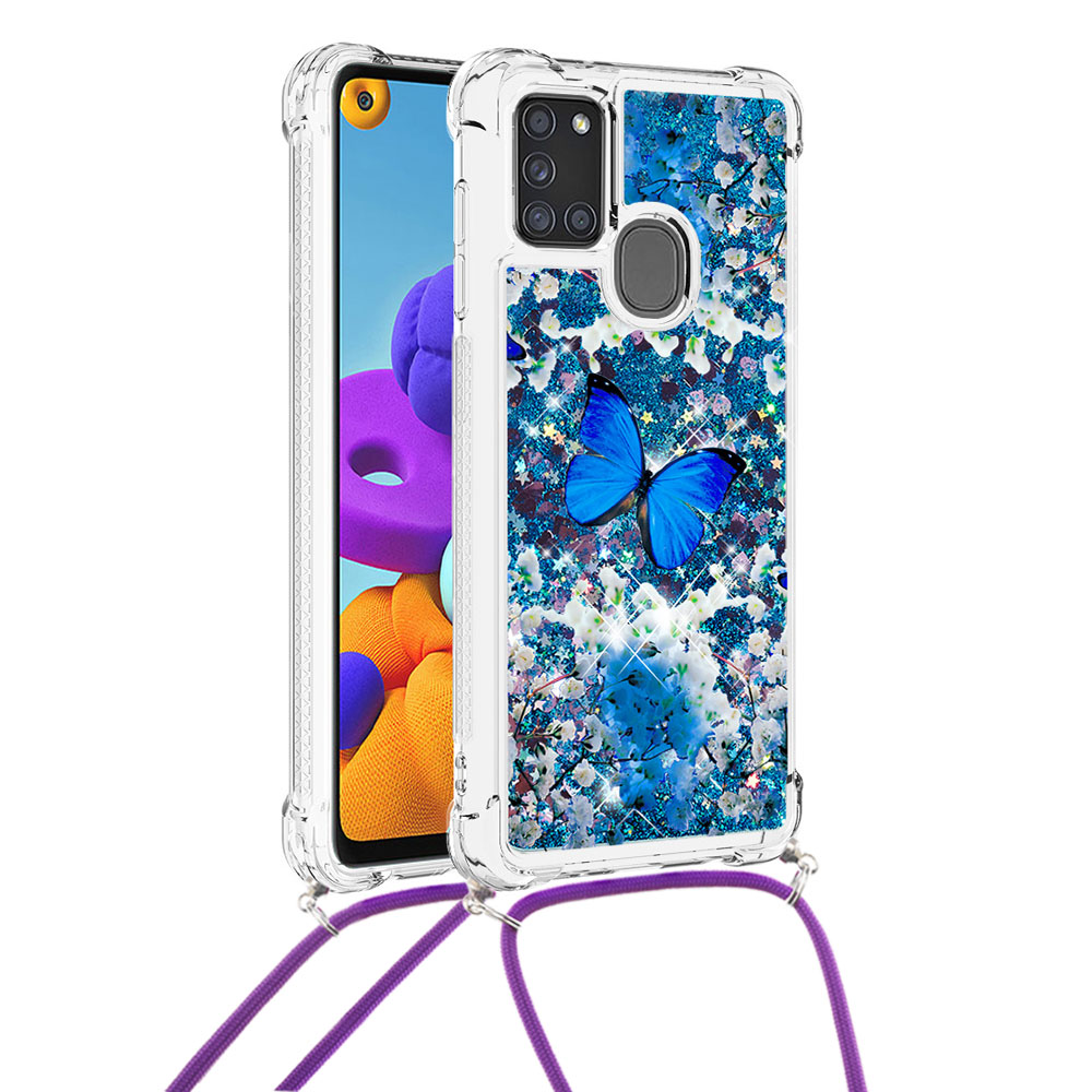 

Pattern Printed Quicksand Glitter Sequins TPU Phone Case Protector with Strap for Samsung Galaxy A21s (EU Version) - Blue Butterfly, Galaxy A21s