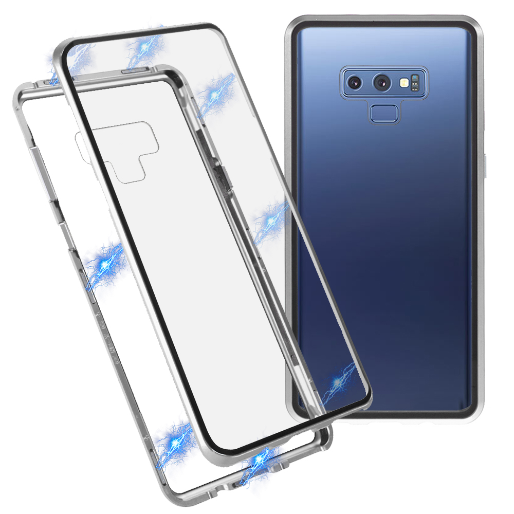 

Metal Magnetic Frame Double-sided Tempered Glass Phone Case Shell for Samsung Galaxy Note9 N960 - Silver, Galaxy Note9 N960