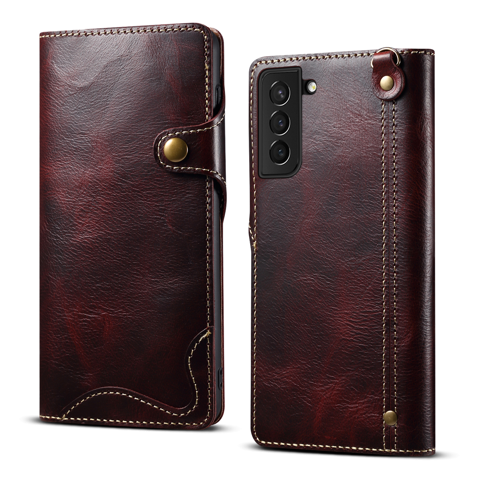 

Buckled Retro Oil Wax Genuine Leather Wallet Case for Samsung Galaxy S21 Plus 5G - Wine Red, Samsung Galaxy S21+