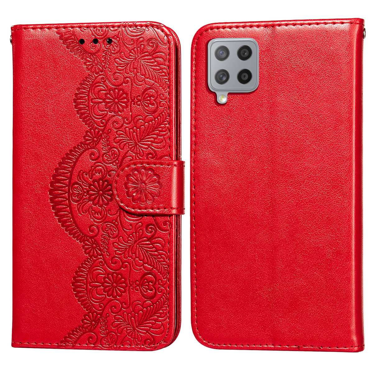 

Imprinted Flower Vine Wallet PU Leather + TPU Case with Lanyard for Samsung Galaxy F62 / M62 - Red, Samsung Galaxy F62
