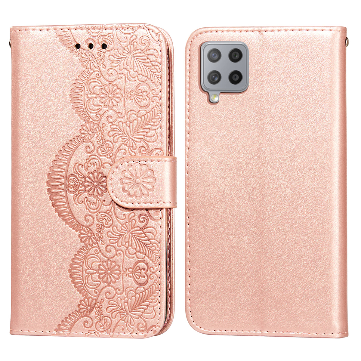 

Imprinted Flower Vine Wallet PU Leather + TPU Case with Lanyard for Samsung Galaxy F62 / M62 - Rose Gold, Samsung Galaxy F62