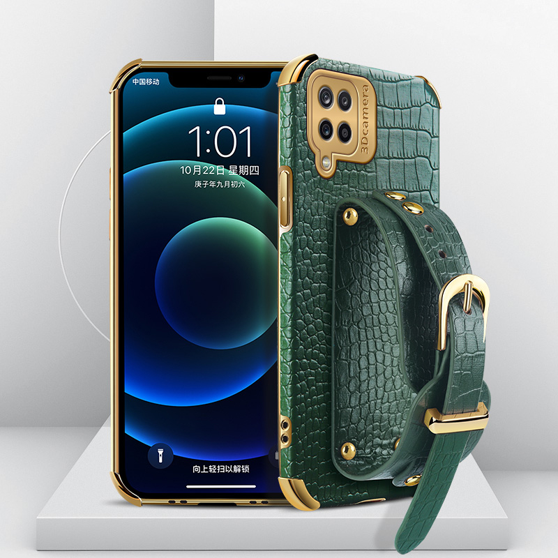

Wrist Strap Kickstand Design 6D Crocodile Texture Electroplated PU Leather Coated TPU Phone Case for Samsung Galaxy A12 - Green, Galaxy A12