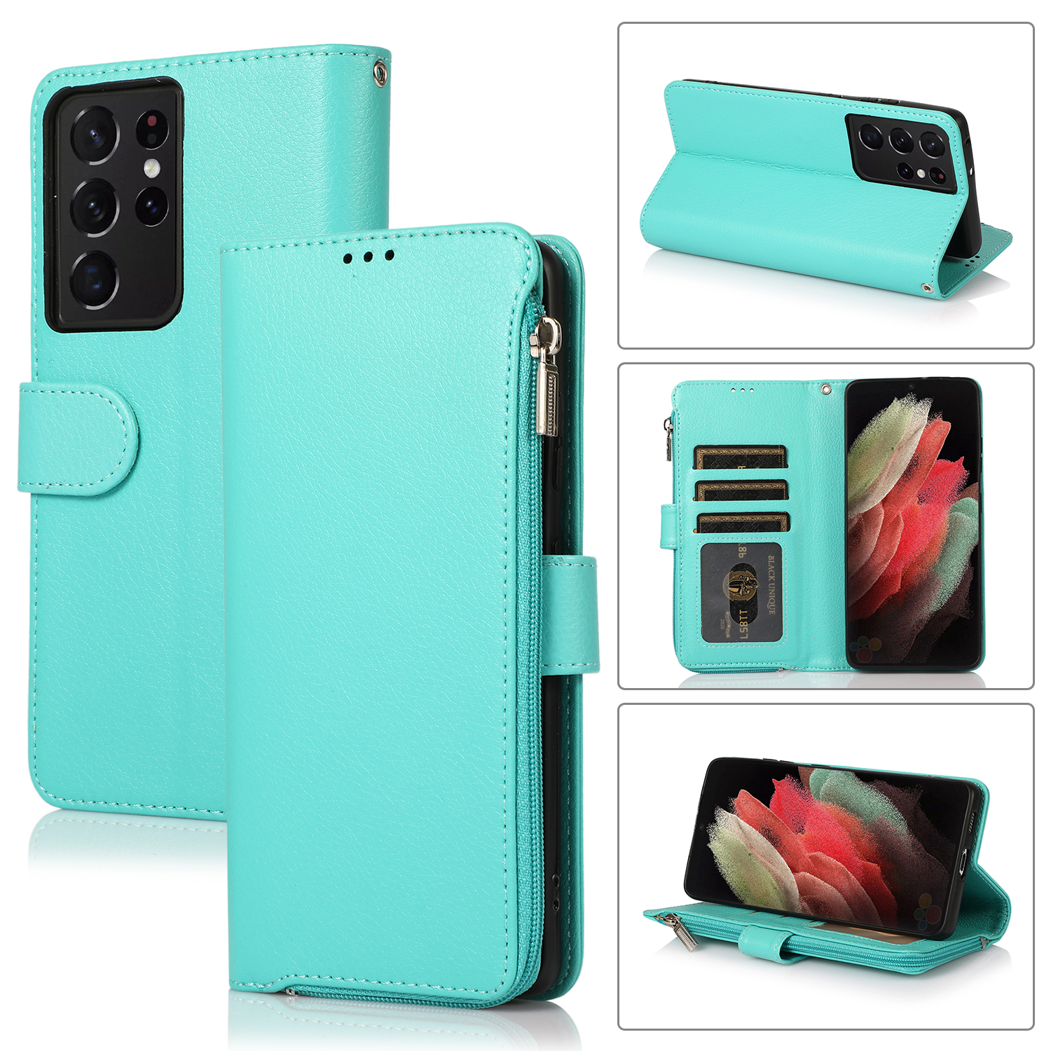 

Zipper Pocket Wallet Stand Microfiber Leather Phone Shell for Samsung Galaxy S21 Ultra 5G - Green, Galaxy S21 Ultra 5G