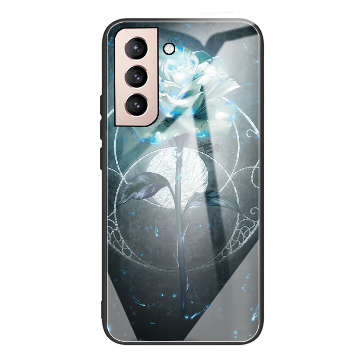 

Pattern Printing Design Tempered Glass Back Panel with TPU Frame Hybrid Phone Case Cover for Samsung Galaxy S21 5G - Blue Rose, Galaxy S21 5G