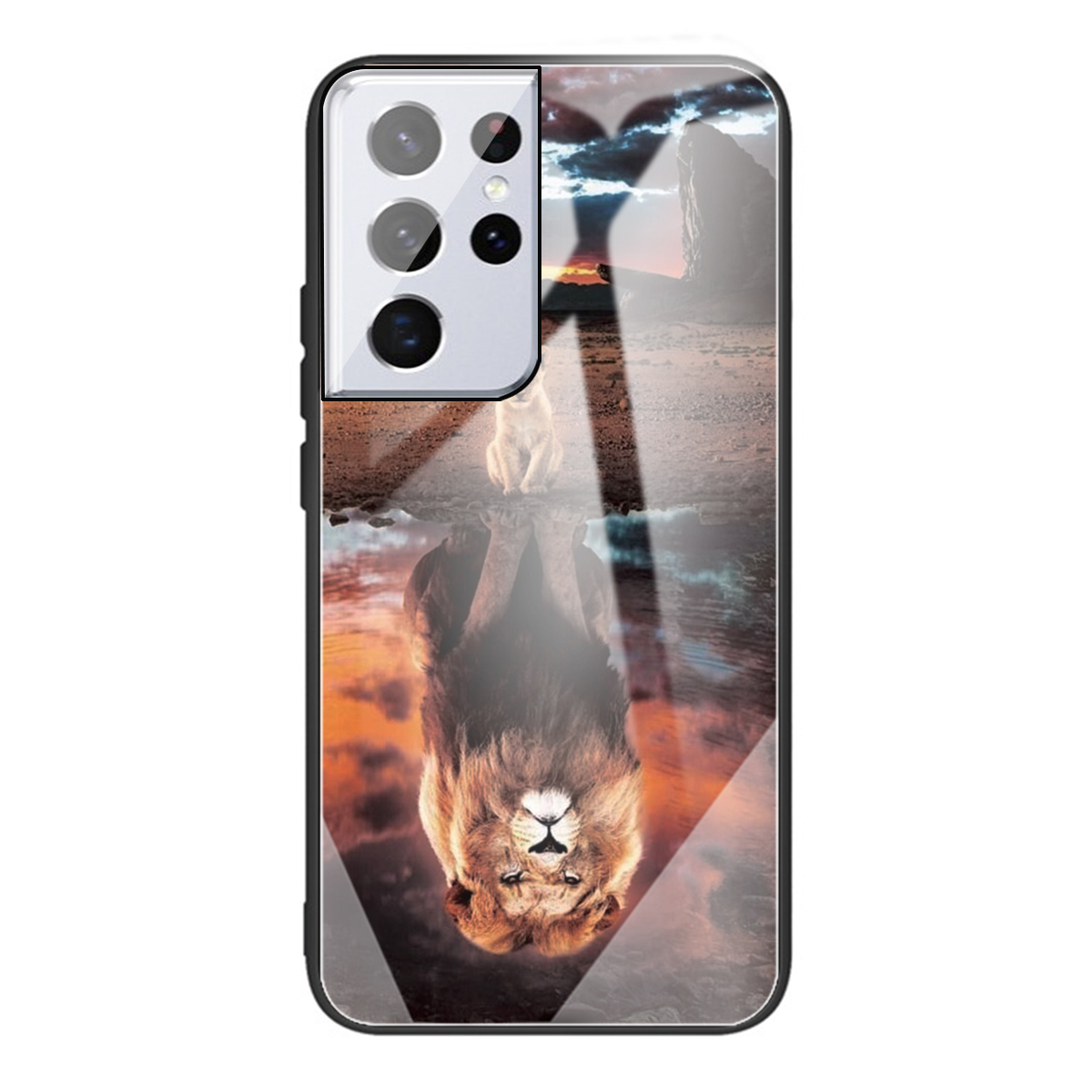 

Pattern Printing Design Tempered Glass + Soft TPU Frame Hybrid Phone Cover Case for Samsung Galaxy S21 Ultra 5G - Lion, Galaxy S21 Ultra 5G