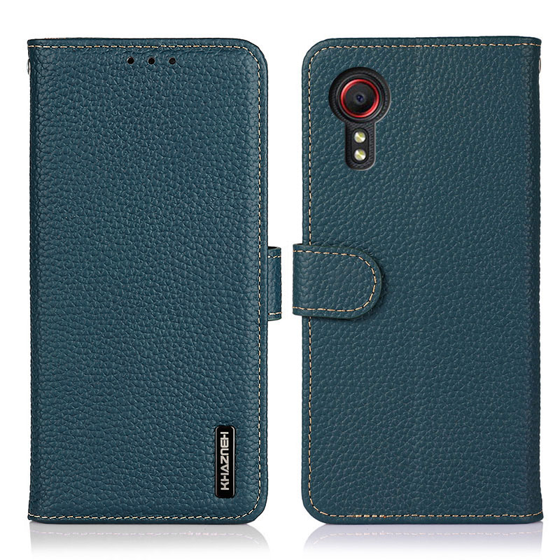 

KHAZNEH for Samsung Galaxy Xcover 5 Wallet Design Litchi Texture Top Layer Genuine Leather Shell Cell Phone Stand Case - Green, Galaxy Xcover 5