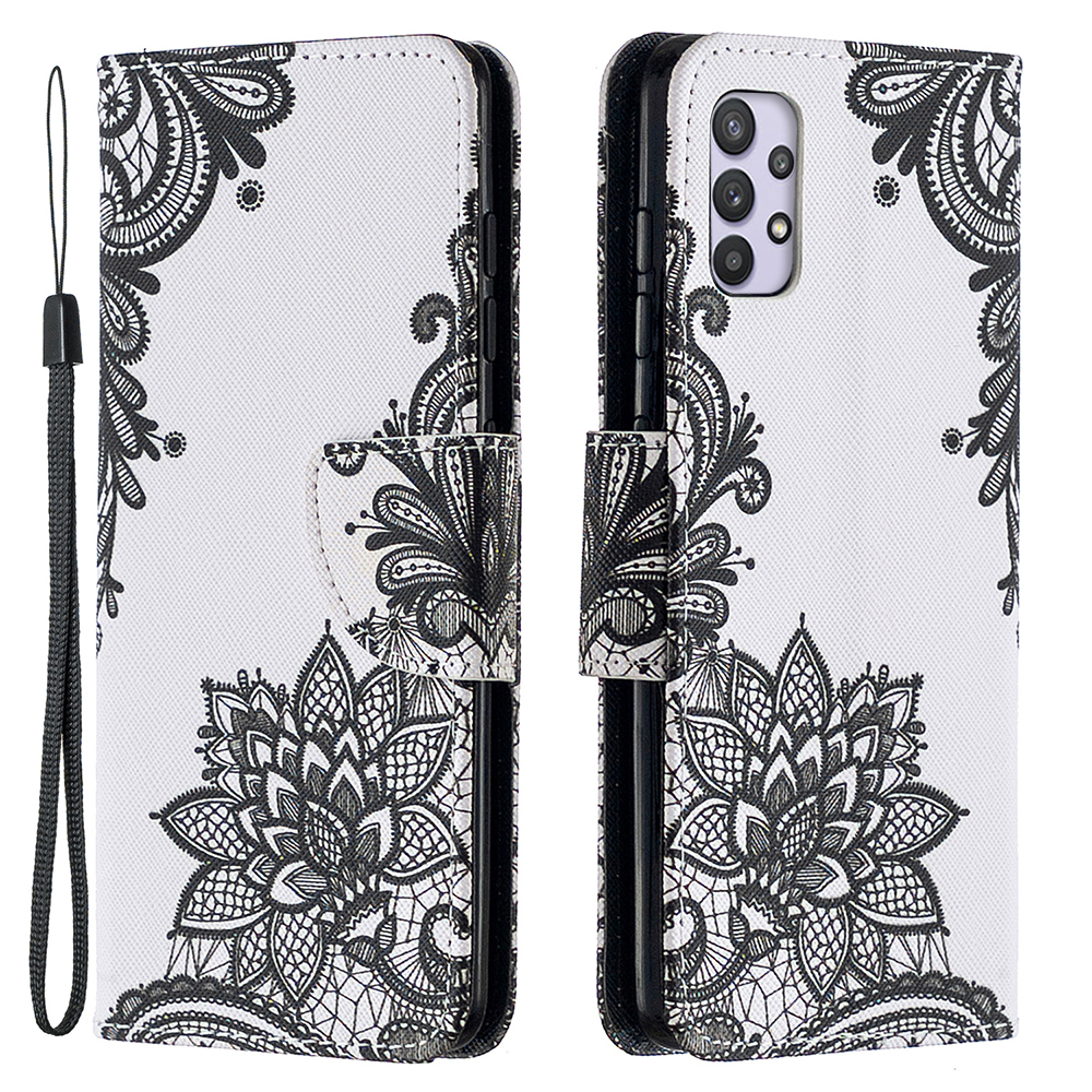 

Pattern Printing Phone Cover PU Leather Stand Case with Strap for Samsung Galaxy A52 4G/5G / A52s 5G - Lace Flower, Galaxy A52 4G