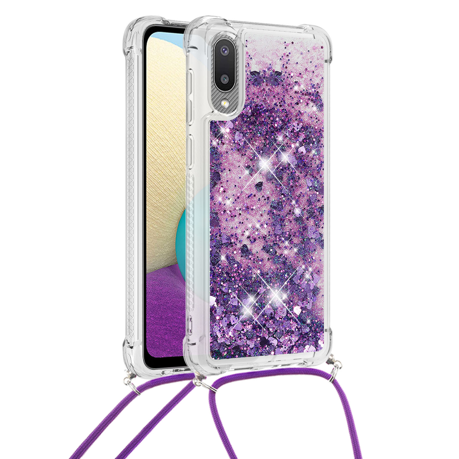 

Floating Quicksand Shiny Glitter Mobile Phone TPU Cover with Strap for Samsung Galaxy A02 / M02 - Dark Purple Hearts, Galaxy A02