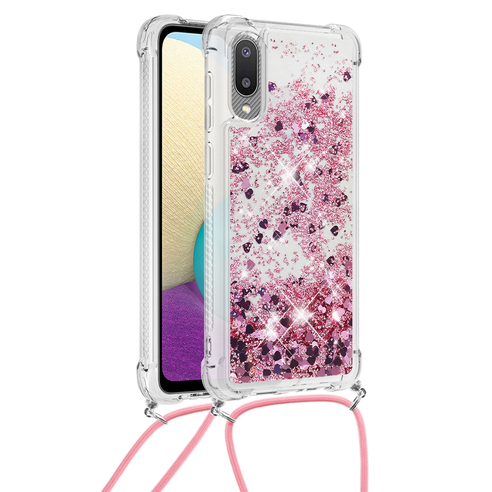 

Плавающая Quicksand Blible Glitter Mobile Phone TPU Cover С Ремешком Для Samsung Galaxy A02 / M02 - Розовые Золотые Сердца, Galaxy A02