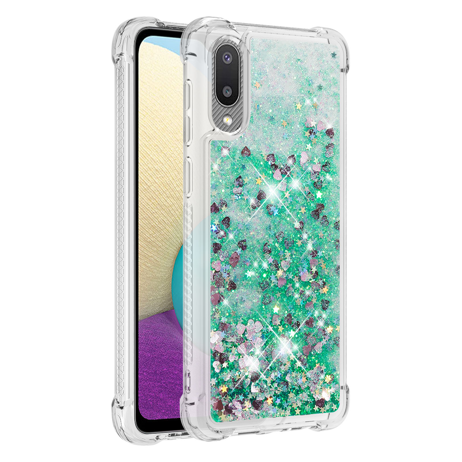 

Moving Shiny Quicksand Glitter Reinforced Corners TPU Case for Samsung Galaxy A02 / M02 Phone Cover - Green Hearts, Galaxy A02