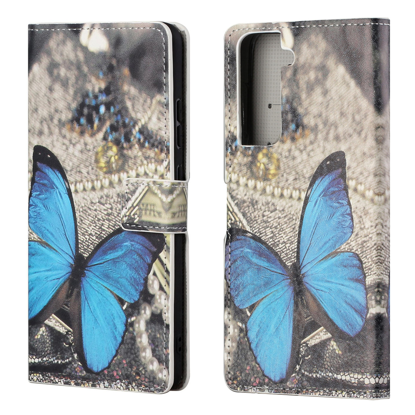 

Pattern Printing Leather Wallet Stand Case for Samsung Galaxy S21 FE - Blue Butterfly, Galaxy S21 FE 5G