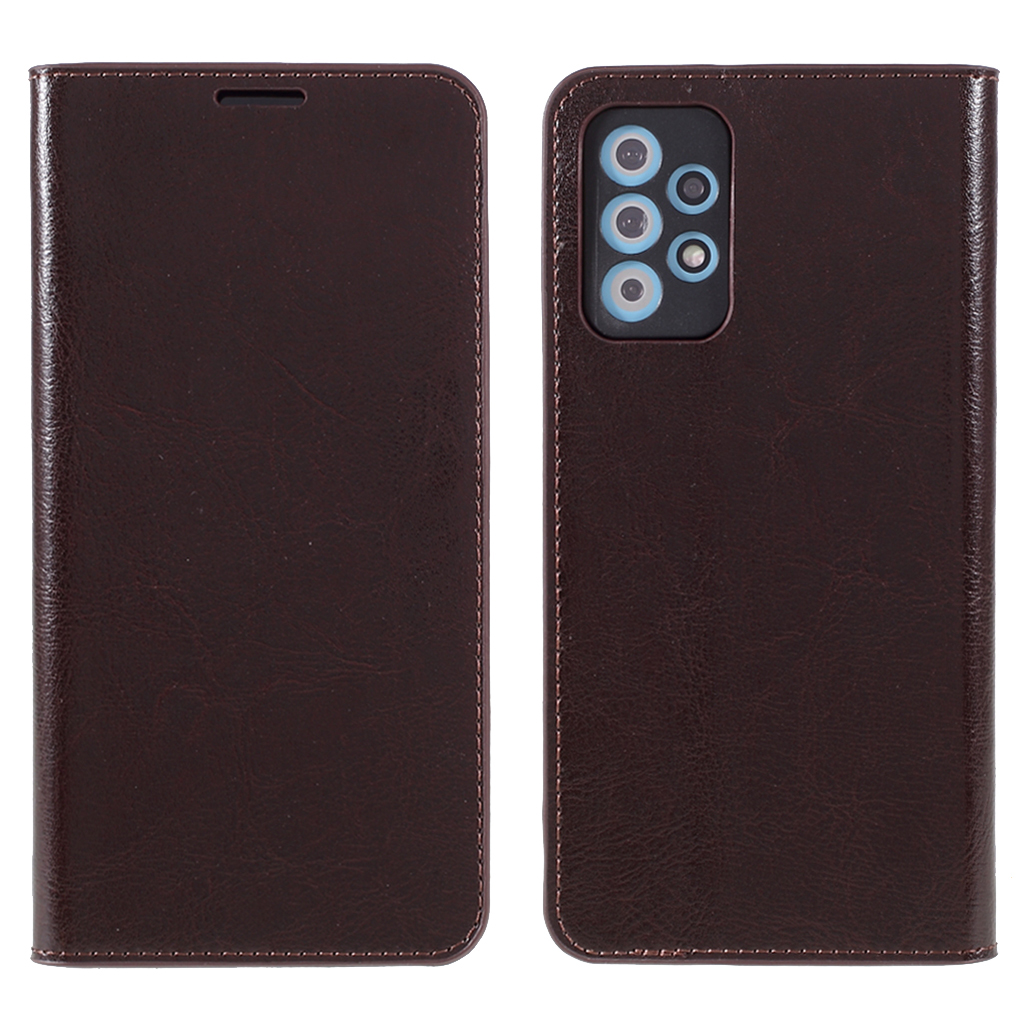 

Auto-absorbed Crazy Horse Genuine Leather Wallet Stand Case Shell for Samsung Galaxy A72 4G/5G - Coffee, Galaxy A72 4G