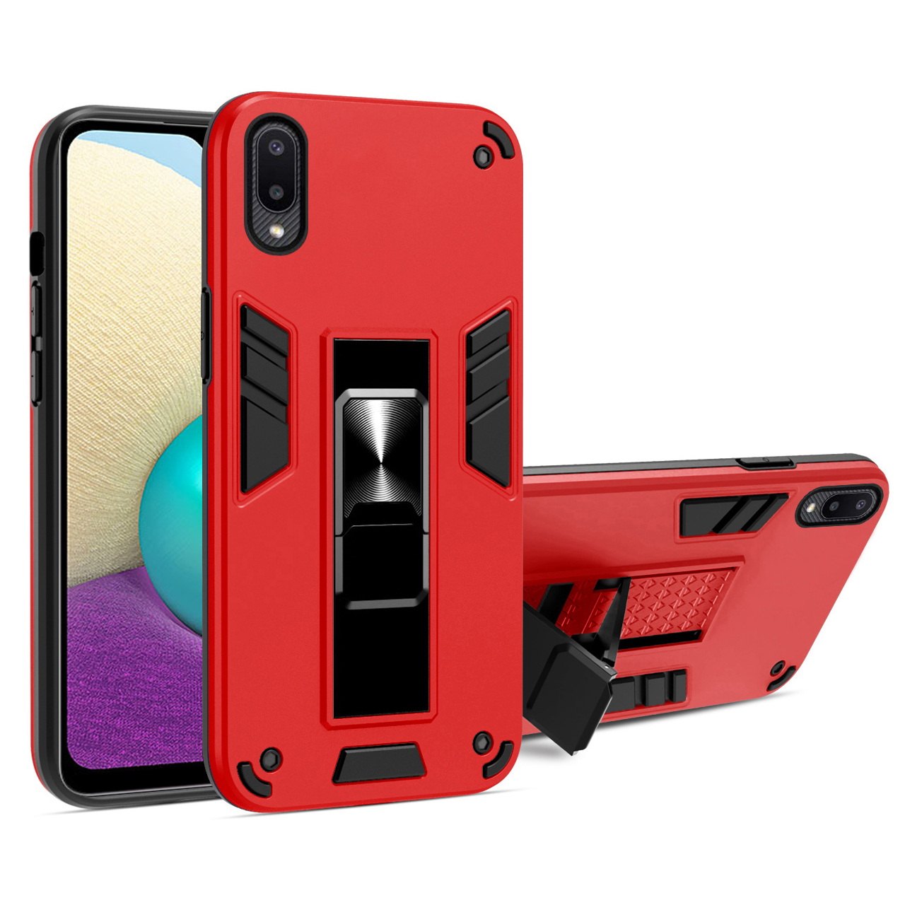 

Metal Kickstand PC+TPU Hybrid Phone Protective Case [Built-in Magnetic Metal Sheet] for Samsung Galaxy A02 - Red, Galaxy A02