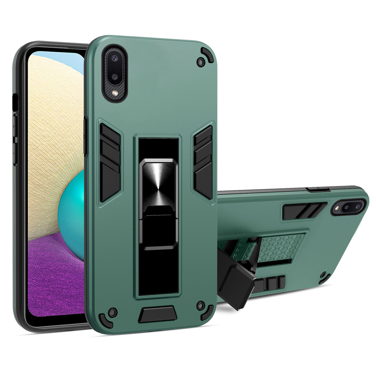 

Metal Kickstand PC+TPU Hybrid Phone Protective Case [Built-in Magnetic Metal Sheet] for Samsung Galaxy A02 - Green, Galaxy A02