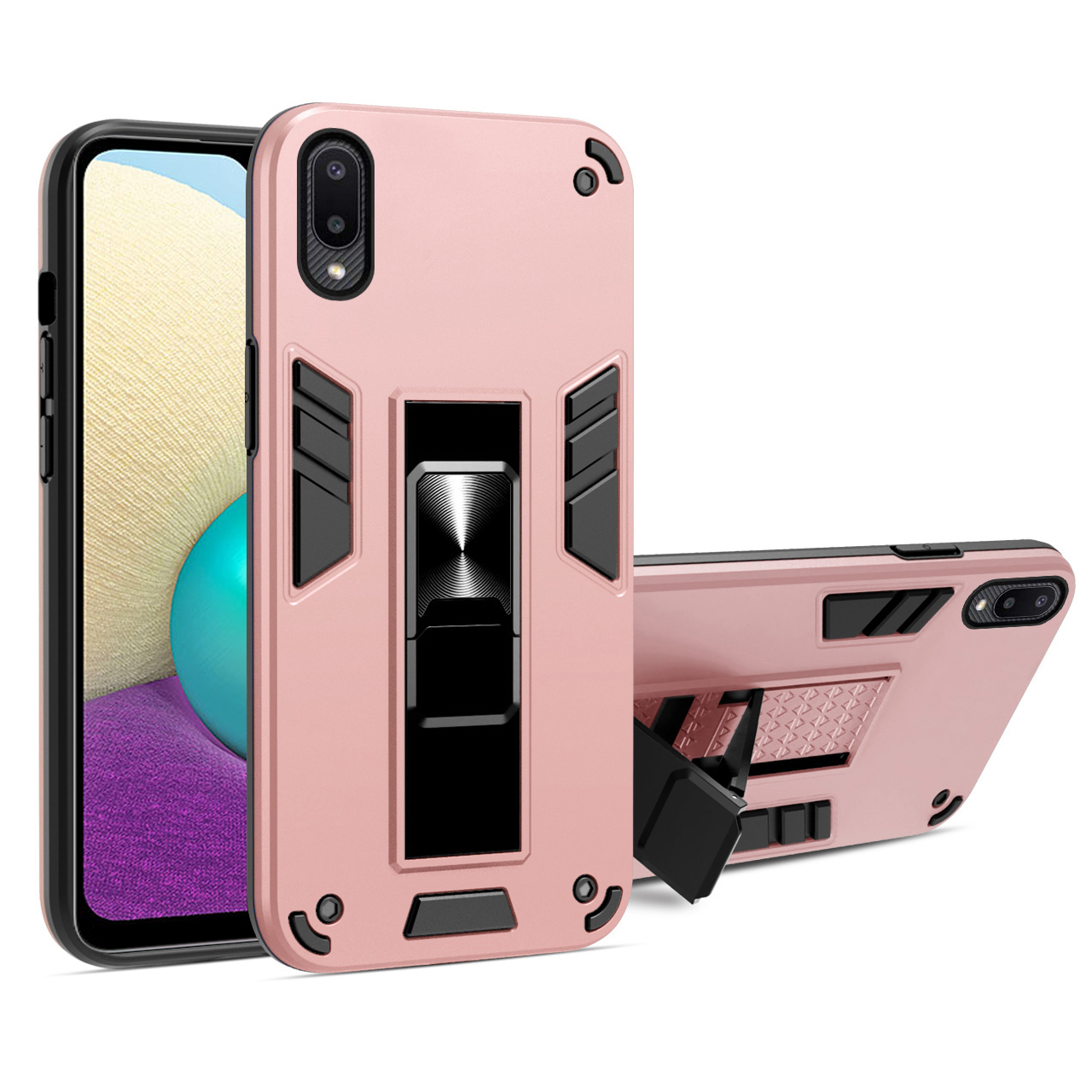 

Metal Kickstand PC+TPU Hybrid Phone Protective Case [Built-in Magnetic Metal Sheet] for Samsung Galaxy A02 - Rose Gold, Galaxy A02