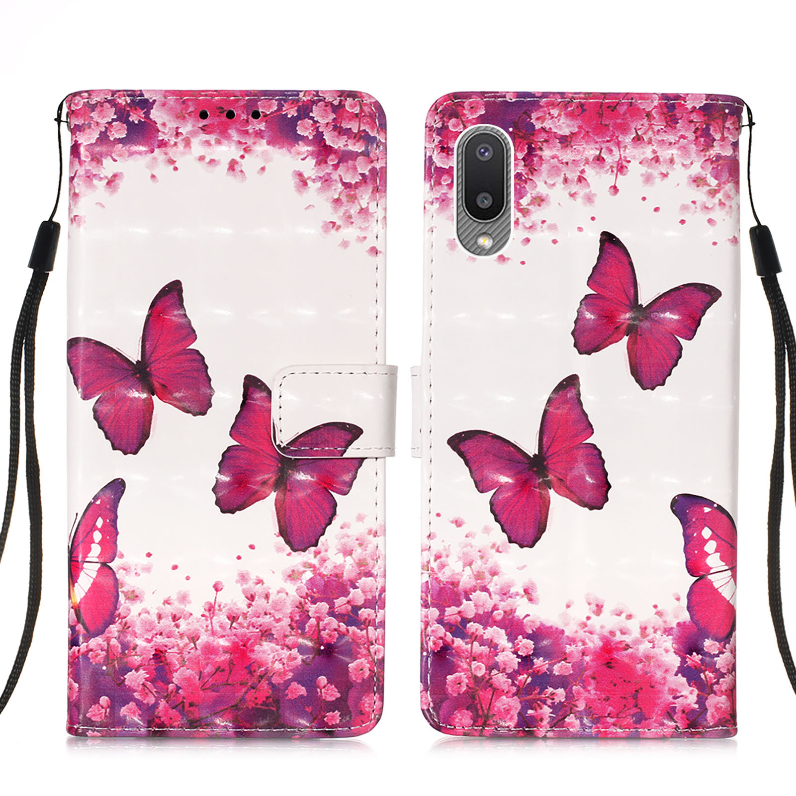 

Pattern Printing Wallet Design Leather Phone Stand Case with Lanyard for Samsung Galaxy A02/M02 - Rose Butterfly, Galaxy A02