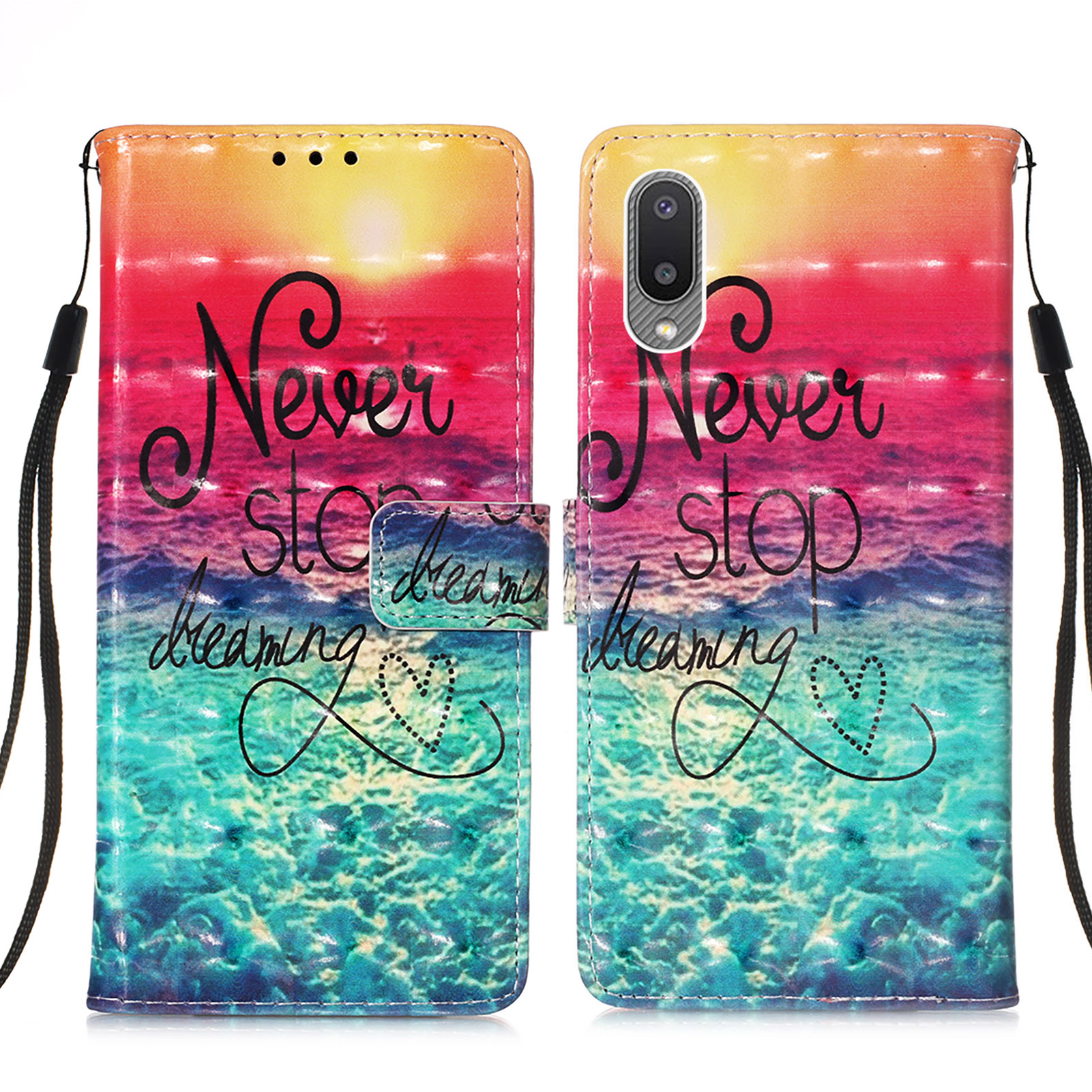 

Печатная Печать Кошелька Дизайн Кожаная Подставка Для Телефона с Lanyard Для Samsung Galaxy A02/M02 - Море Облаков/красочный, Galaxy A02