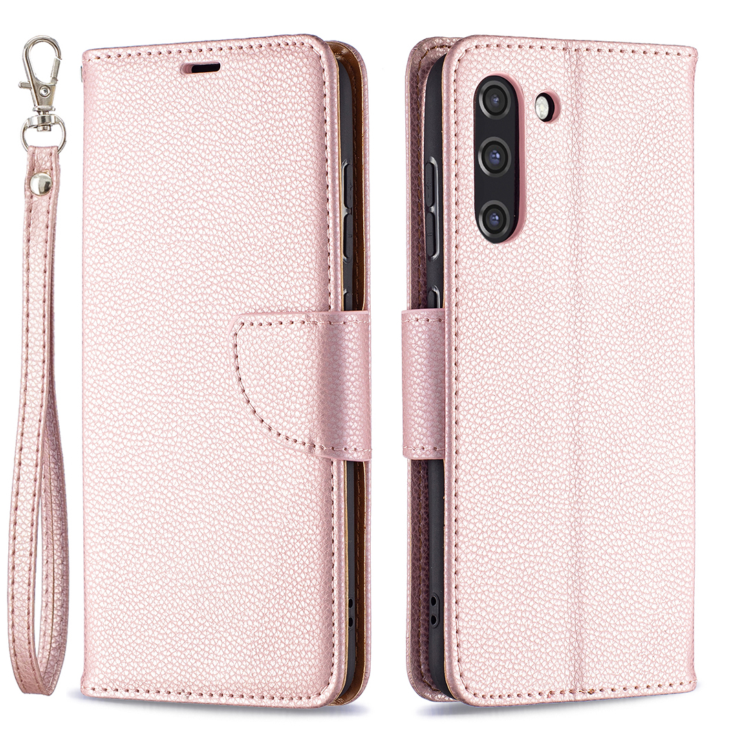 

Litchi Skin Wallet Leather Stand Cover Shell for Samsung Galaxy S21 FE/S21 Lite - Rose Gold, Galaxy S21 FE 5G