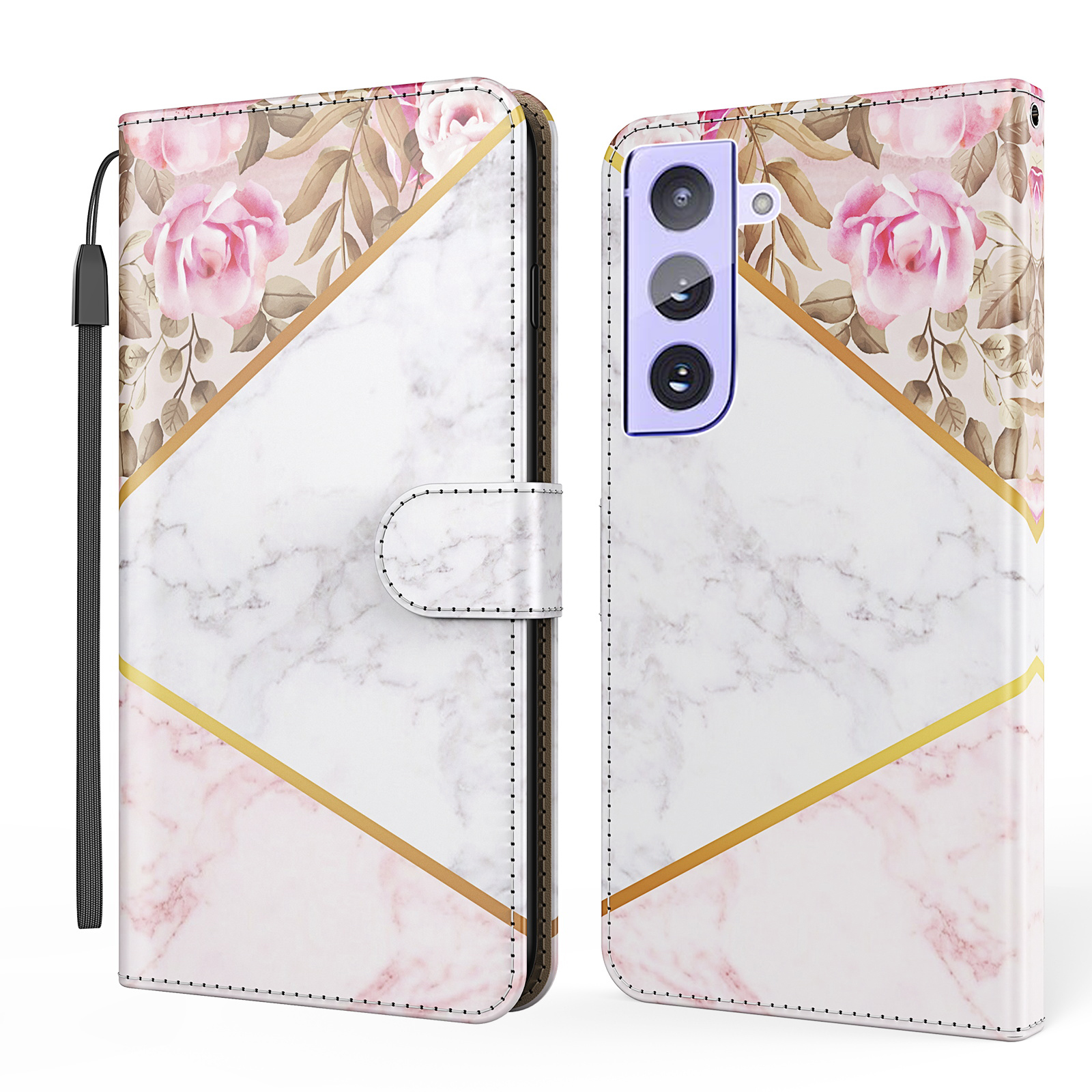 

Мраморная Шаблона Печати Кожа Кожа с Ремешком Для Samsung Galaxy S21+ 5G Стенда Крышка - Цветок / Белый, Galaxy S21+ 5G