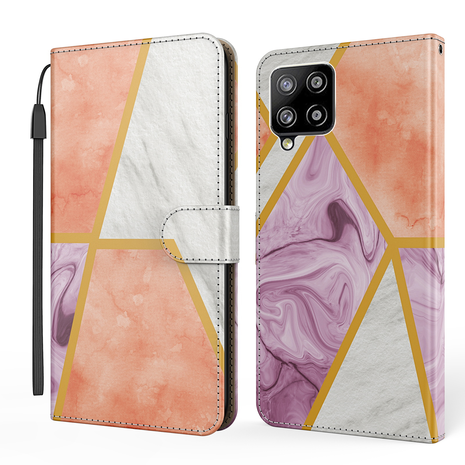 

Мраморный Дизайн Кожаный Чехол Для Samsung Galaxy A42 5G Pattern Printing Cover Cover с Ремешком - Апельсин / Белый, Galaxy A42 5G