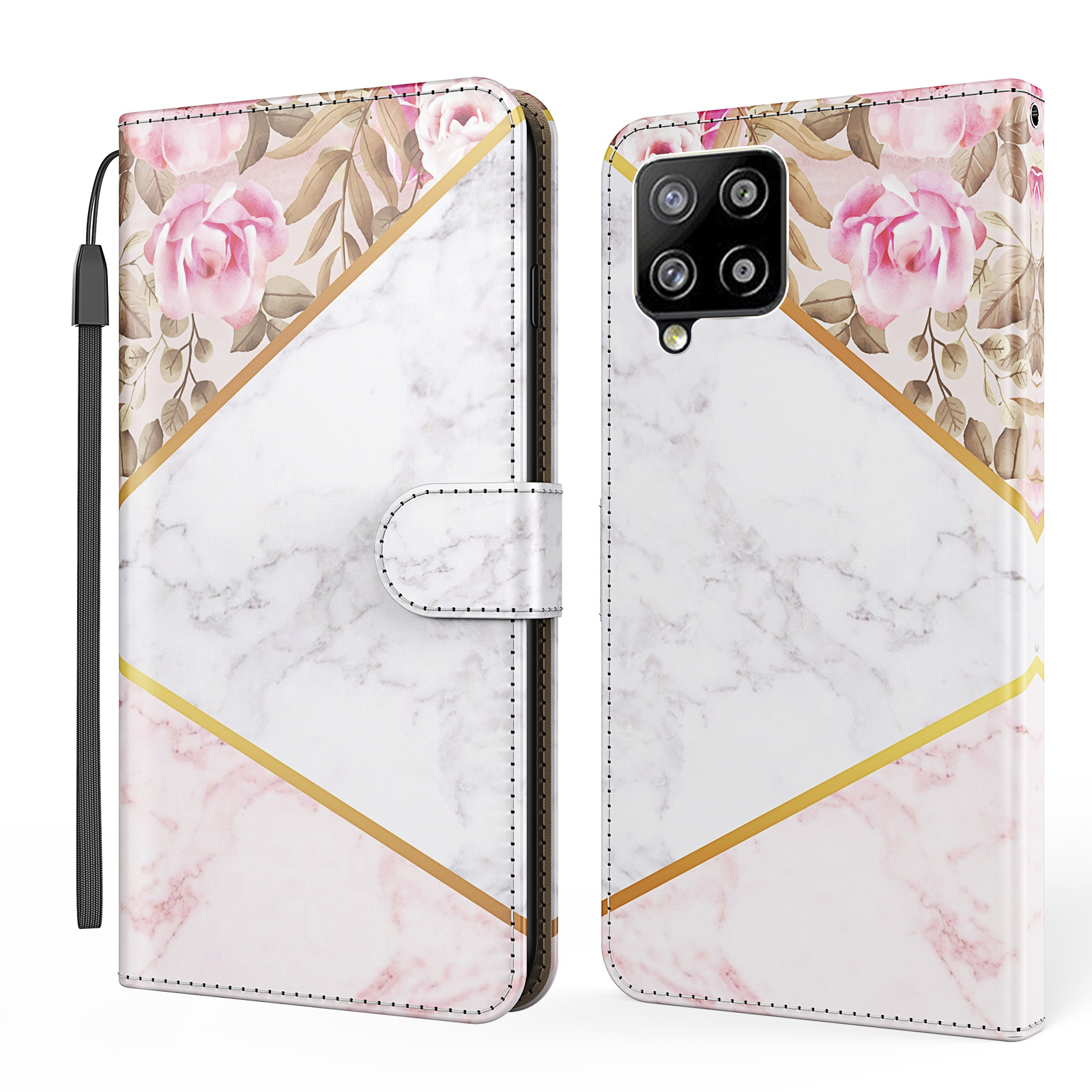 

Marble Design Leather Case for Samsung Galaxy A42 5G Pattern Printing Wallet Stand Cover with Strap - Flower / White, Galaxy A42 5G