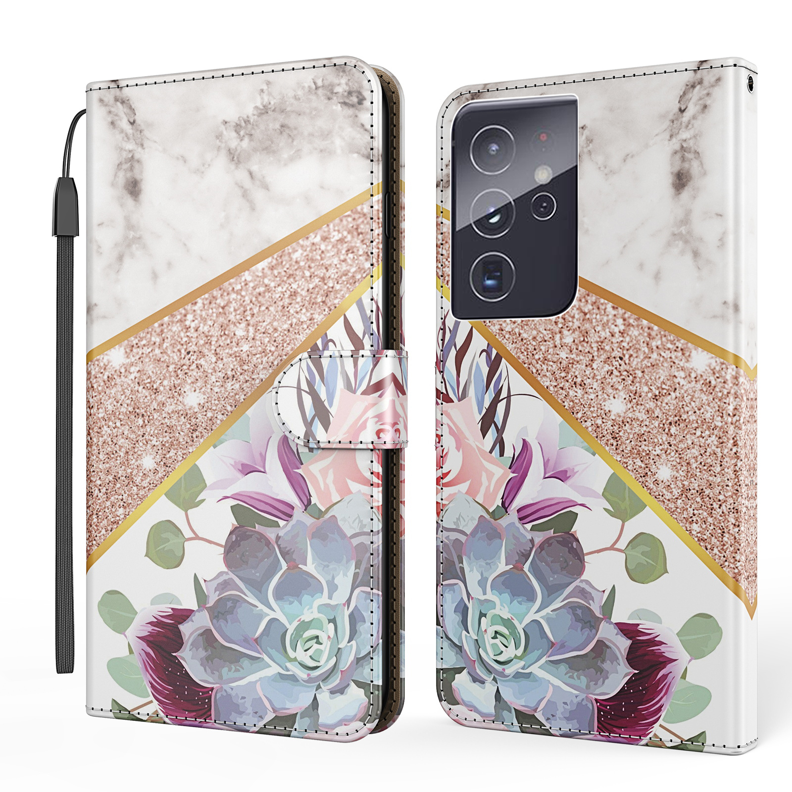 

Marble Pattern Printing Leather Case Cover for Samsung Galaxy S21 Ultra 5G Wallet Shell - White / Flower, Galaxy S21 Ultra 5G