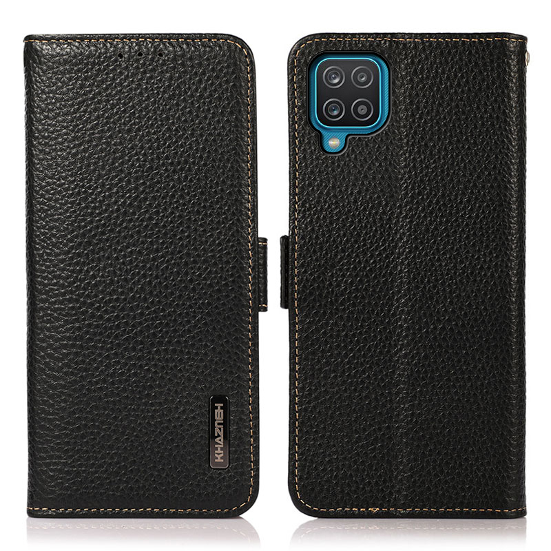 

KHAZNEH Litchi Skin Genuine Leather Phone Wallet Stand Case Shell with RFID Blocking for Samsung Galaxy A12 - Black, Galaxy A12