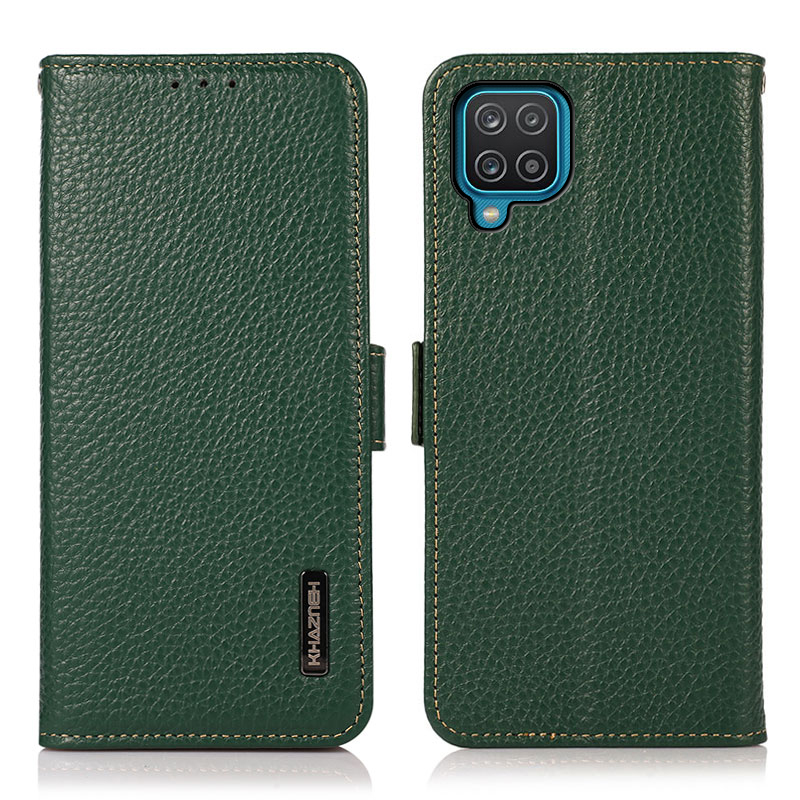 

KHAZNEH Litchi Skin Genuine Leather Phone Wallet Stand Case Shell with RFID Blocking for Samsung Galaxy A12 - Green, Galaxy A12