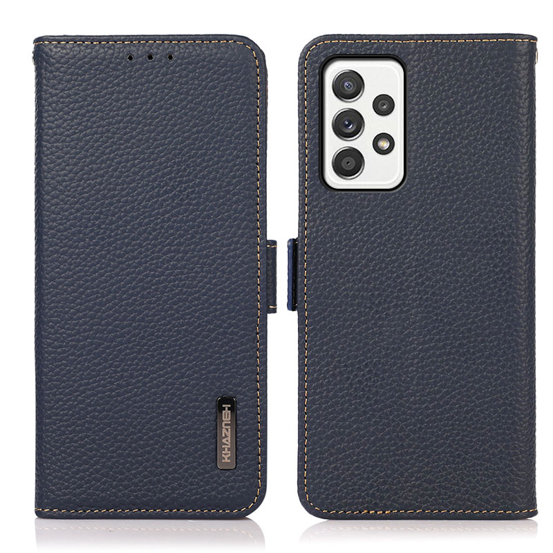 

KHAZNEH Anti-Scratch Litchi Texture Genuine Leather Shell Case Stand with Anti-theft Swiping RFID Blocking for Samsung Galaxy A52 5G/4G / A52s 5G - Blue, Galaxy A52 5G