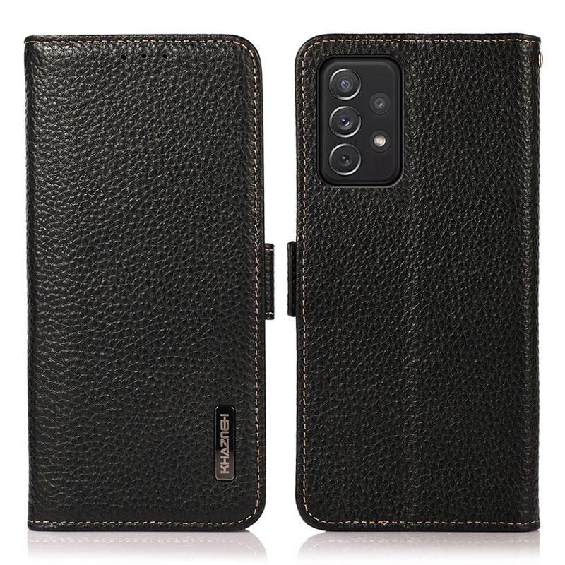 

KHAZNEH Litchi Skin Wallet Stand Design Genuine Leather Mobile Phone Shell Case with RFID Blocking for Samsung Galaxy A72 5G/4G - Black, Galaxy A72 5G